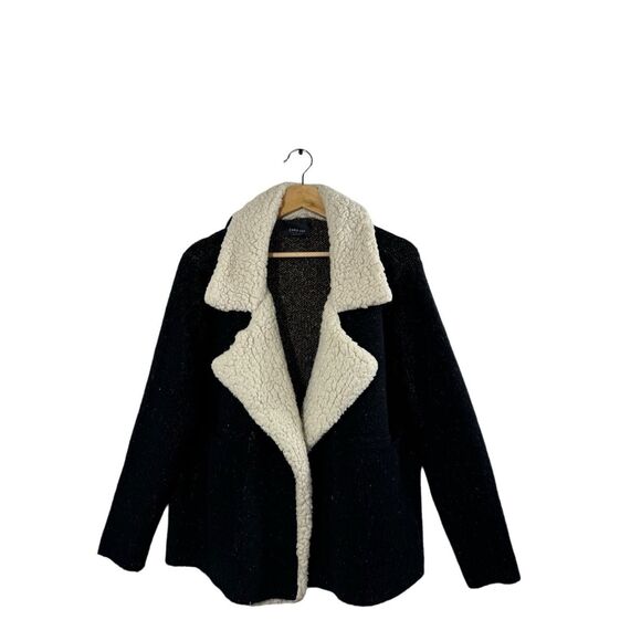 ZARA Knit Black Long Sleeve Faux Sherpa Collared Sweater Size L Open Pockets - Picture 9 of 13